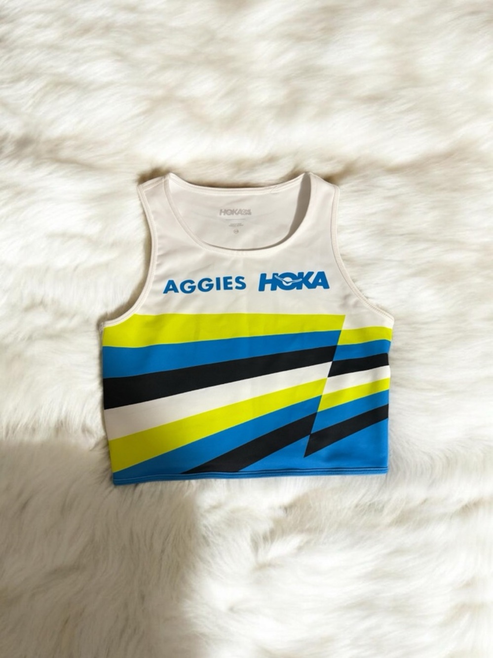 Hoka White Crop Tank with Blue, Lime & Black Stripes
